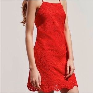 UO kimchi blue red eyelet cutout scalloped hem sleeveless square neck dr…